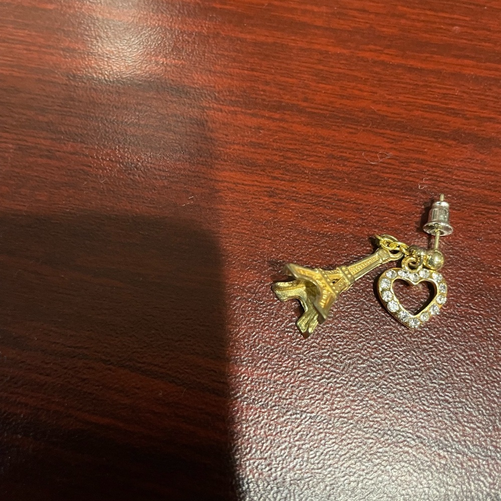 Gold Eiffel Tower and Heart Earring